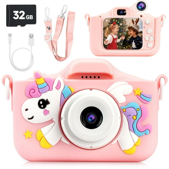 PayUSD Kids Camera Selfie Video Unicorn Christmas Birthday Gifts 1080P HD Digital for Boys Girls Age 3-12 Gifts Toys for 3 4 5 6 7 8 9 Years Old with 32GB SD Card Pink