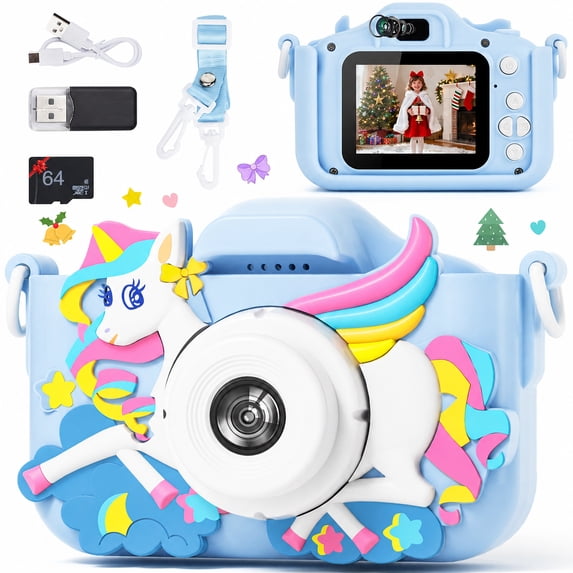 PayUSD Kids Camera for Girls Boys 1080HD Selfie Digital Cameras 64GB Video Toddler Unicorn Toys Christmas Birthday Gift Age 3-10, Blue