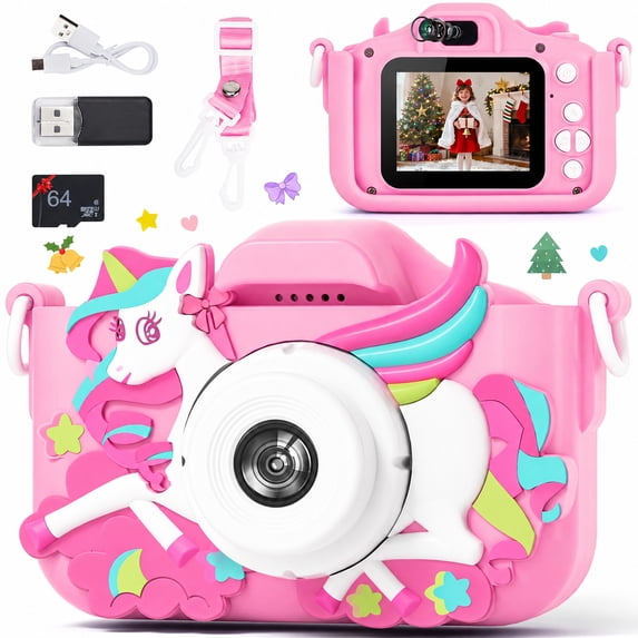 PayUSD Kids Camera for Girls Boys 1080HD Selfie Digital Cameras 64GB Video Toddler Unicorn Toys Christmas Birthday Gift Age 3-10, Rose Pink