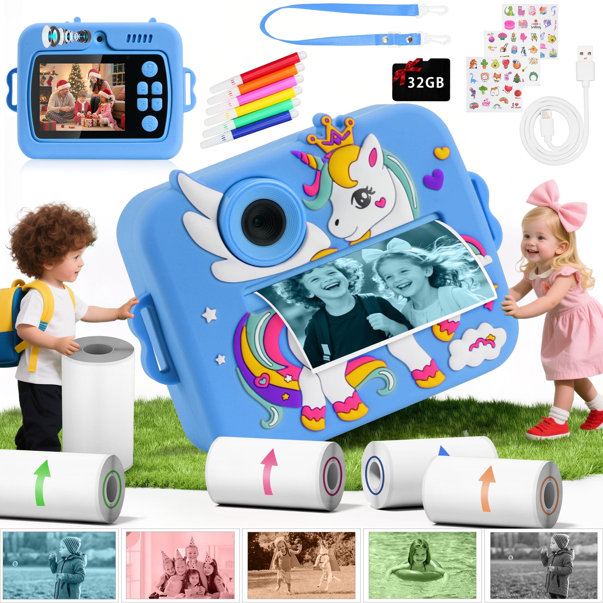 PayUSD Kids Camera Instant Print Camera with 5-Color Printing, 1080P HD Video, 48MP Photos, Unicorn Design, 32GB SD Card, Toddler Digital Camera Christmas Birthday Gift for Girls Boys Age 3-12