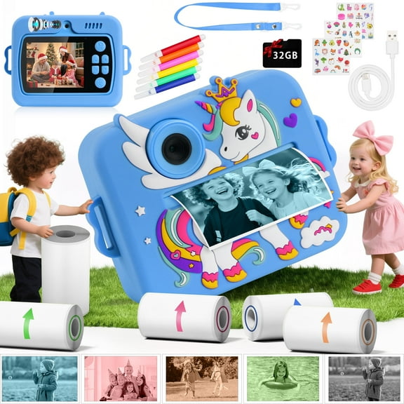 PayUSD Kids Camera Instant Print Camera with 5-Color Printing, 1080P HD Video, 48MP Photos, Unicorn Design, 32GB SD Card, Toddler Digital Camera Christmas Birthday Gift for Girls Boys Age 3-12