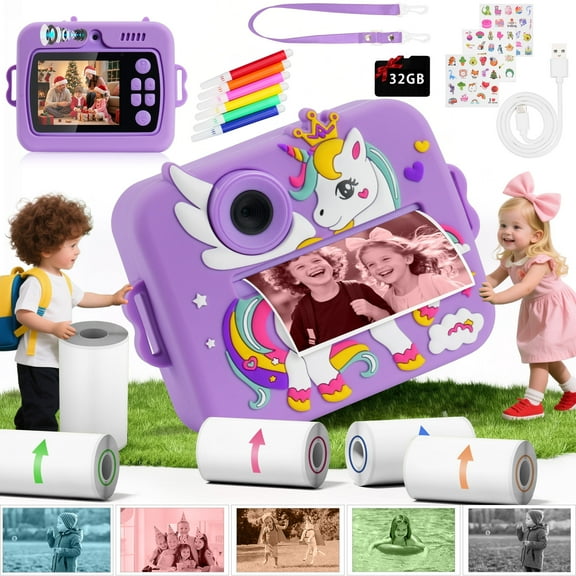 PayUSD Kids Camera Instant Print Camera with 5-Color Printing, 1080P HD Video, 48MP Photos, Unicorn Design, 32GB SD Card, Toddler Digital Camera Christmas Birthday Gift for Girls Boys Age 3-12