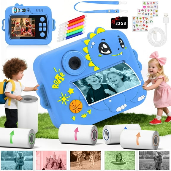 PayUSD Kids Camera Instant Print Camera with 5-Color Printing, 1080P HD Video, 48MP Photos, Dinosaur Design, 32GB SD Card, Toddler Digital Camera Christmas Birthday Gift for Girls Boys Age 3-12