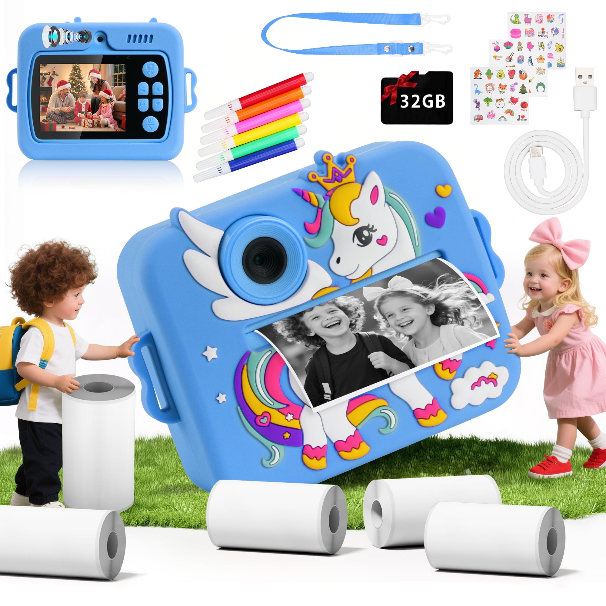 PayUSD Kids Camera Instant Print, Birthday Christmas Gifts for Girls Boys Age 3-12 1080P Digital Video Camera Print Photos Portable Toddler Toys for 4 5 6 7 8 9 10 Year Old with 32GB SD Card-Blue
