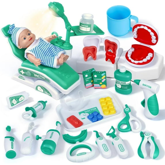 PayUSD Kids Dentist Play Set 28 Pcs Doctor Kit for Toddlers 3-5 Years Old Pretend Dentist Play Toys Kit with Dental Chair & Dental Tools & Cute Doll, Kids Role Play Dentist Gift for Girl Boy