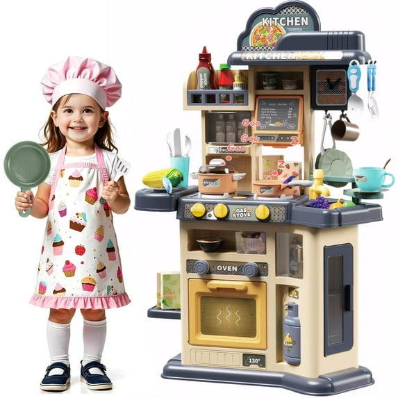 PayUSD Kids Play Kitchen Playset for Toddlers with Realistic Sounds and Lights 43 Pcs Pretend Play Toy Set with Simulation of Spray Kids Kitchen Toys for Boys Girls Christmas Birthday, Gray