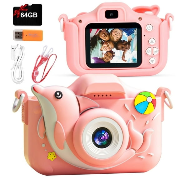 PayUSD Kids Camera for Girls Boys 64GB 1080HD Selfie Digital Cameras Portable Toddler Dolphin Toys Christmas Birthday Gift Age 3-10, Pink