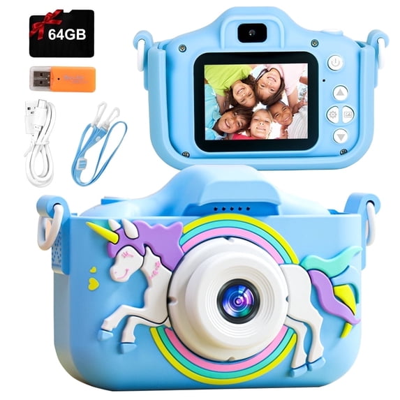 PayUSD Kids Camera for Girls Boys 64GB 1080HD Selfie Digital Cameras Portable Toddler Unicorn Toys Christmas Birthday Gift Age 3-10, Blue
