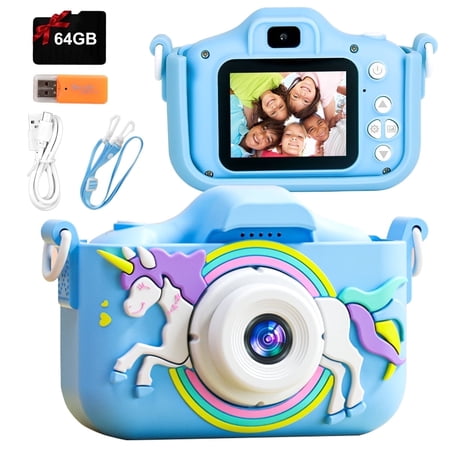 PayUSD Kids Camera for Girls Boys 64GB 1080HD Selfie Digital Cameras Portable Toddler Unicorn Toys Christmas Birthday Gift Age 3-10, Blue