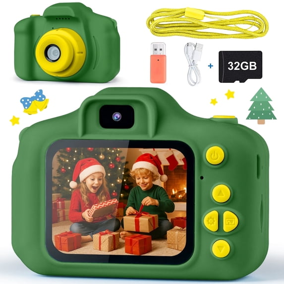 PayUSD Kids Camera for Girls Boys 32GB 1080HD Selfie Digital Cameras Video Toddler Toys Christmas Birthday Gift Age 3-10, Dark Green