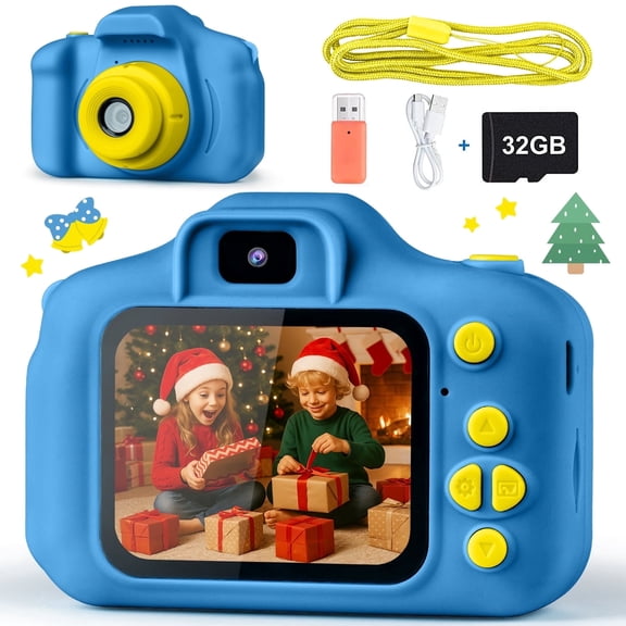 PayUSD Kids Camera for Girls Boys 32GB 1080HD Selfie Digital Cameras Video Toddler Toys Christmas Birthday Gift Age 3-10, Blue and Yellow