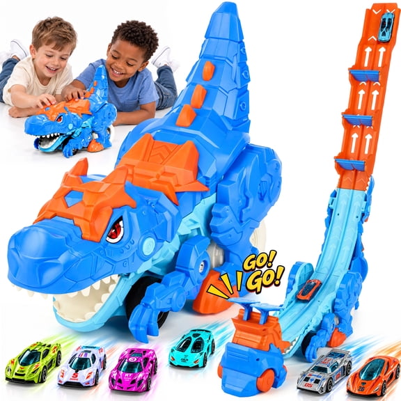 PayUSD Kids Toys Dinosaur Truck for 3-8 Toddler Boy Toys T-Rex Transport Truck with 6 Play Vehicles Cars City Dinosaur Hauler 4 Modes Track Toy 3 4 5 6 Years Old Boys Transforms Gifts Ages 3+