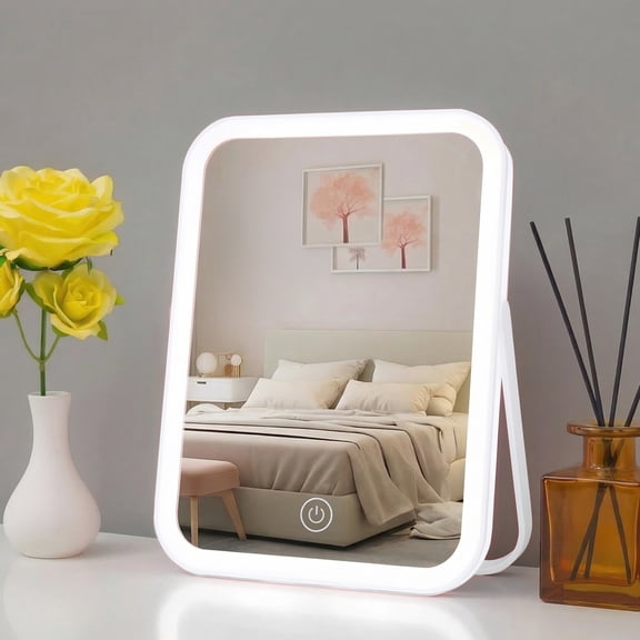 PayUSD Travel Makeup Mirror with Led Lights Vanity Mirror Touch Screen Control Rechargeable Lightweight Desk Tabletop LED Folding Cosmetic Handheld Mirror 6.1''x8.7'' Large White
