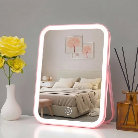 PayUSD Travel Makeup Mirror with Led Lights Vanity Mirror Touch Screen Control Rechargeable Lightweight Desk Tabletop LED Folding Cosmetic Handheld Mirror 6.1''x8.7'' Large Pink