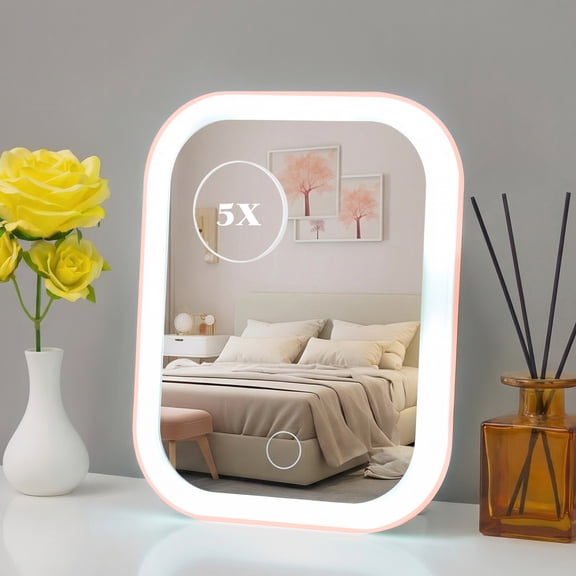 PayUSD Vanity Mirror with Light Travel Makeup Mirror 5X Magnifying Touch Screen Control Rechargeable Lightweight Desk Tabletop LED Folding Cosmetic Handheld Mirror 5.7''x7.3'' Small Pink