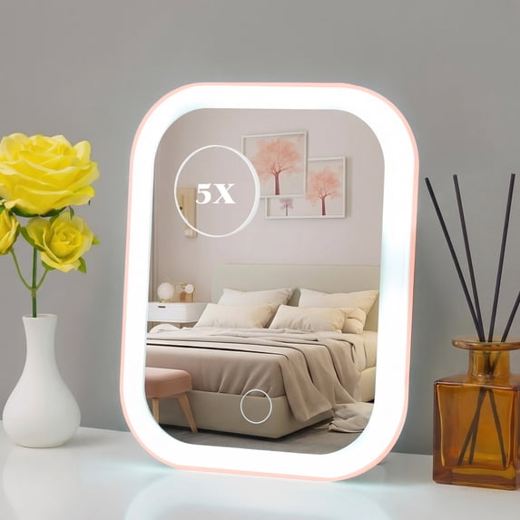 PayUSD Vanity Mirror with Light Travel Makeup Mirror 5X Magnifying Touch Screen Control Rechargeable Lightweight Desk Tabletop LED Folding Cosmetic Handheld Mirror 5.7''x7.3'' Small Pink