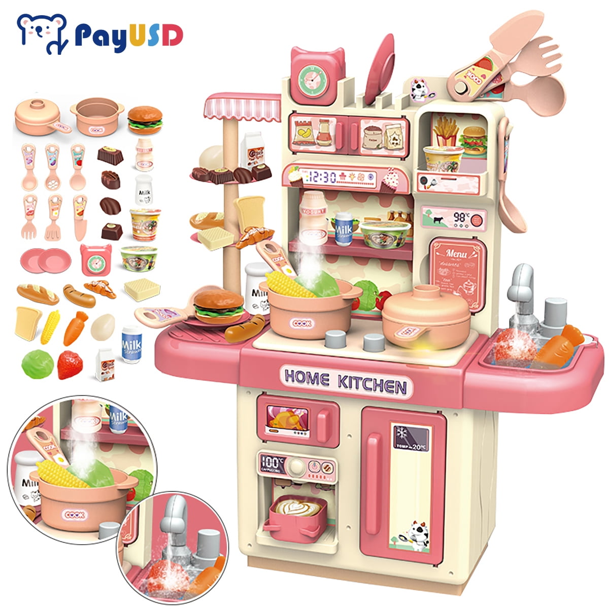 PayUSD Mini Play Kitchen Playset 14.2" Toy Kitchen Set with 33 Accessories Play Food Play Sink