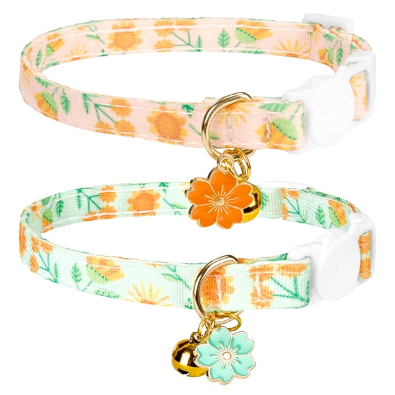 PayUSD 2 Pack Breakaway Cat Collars Soft Cotton Adjustable Cute Floral with Bell for Kittens Adult Cats