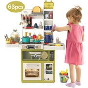 PayUSD Play Kitchen Set for Kids, 63 PCS 33Inch Pretend Play Food Toys Kitchen Set with Realistic Sounds & Lights, Play Sink, Simulation of Spray and Oven Kitchen Toys for Toddlers Girls Boys, Green