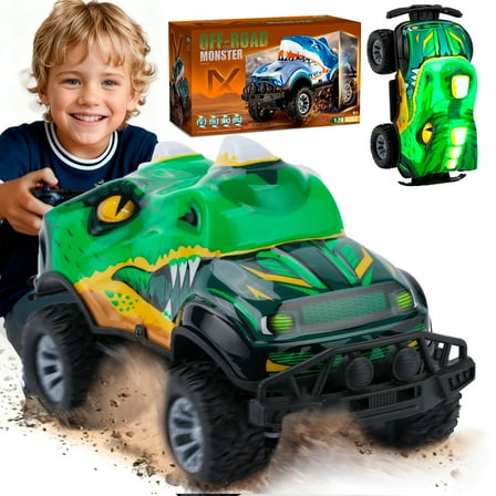 PayUSD Remote Control Car, RC Cars Toys for Kids Ages Lighted Monster Truck Dinosaur Toy RC Cars 4-12 Year Old Boys Birthday Gift for Christmas 8km/h 27Mhz 1:20 Green