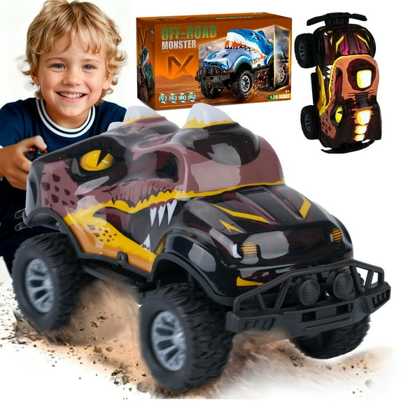 PayUSD Remote Control Car, RC Cars Toys for Kids Lighted Monster Truck Dinosaur Toy RC Cars 4-12 Year Old Boys Birthday Gift for Christmas 8km/h 27Mhz 1:20 Brown