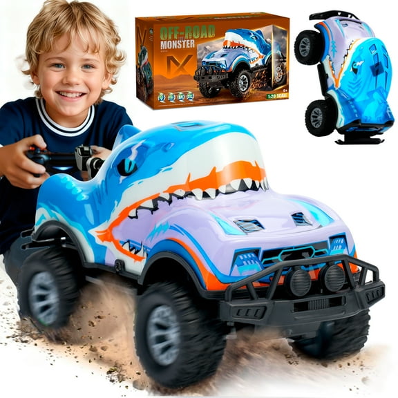 PayUSD Remote Control Car, RC Cars Toys for Kids Lighted Monster Truck Dinosaur Toy RC Cars 4-12 Year Old Boys Birthday Gift for Christmas Shark 8km/h 27Mhz 1:20 Blue