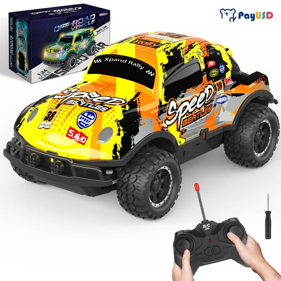 PayUSD Remote Control Cars 1/24 Scale Light Up Racing Car Toys RC Cars for Kids Toddler Boys with Cool Led Lights Hobby RC Car Toys Christmas Gifts for 3 4 5 6 7 8-12 Year Old Boys Girls, Yellow