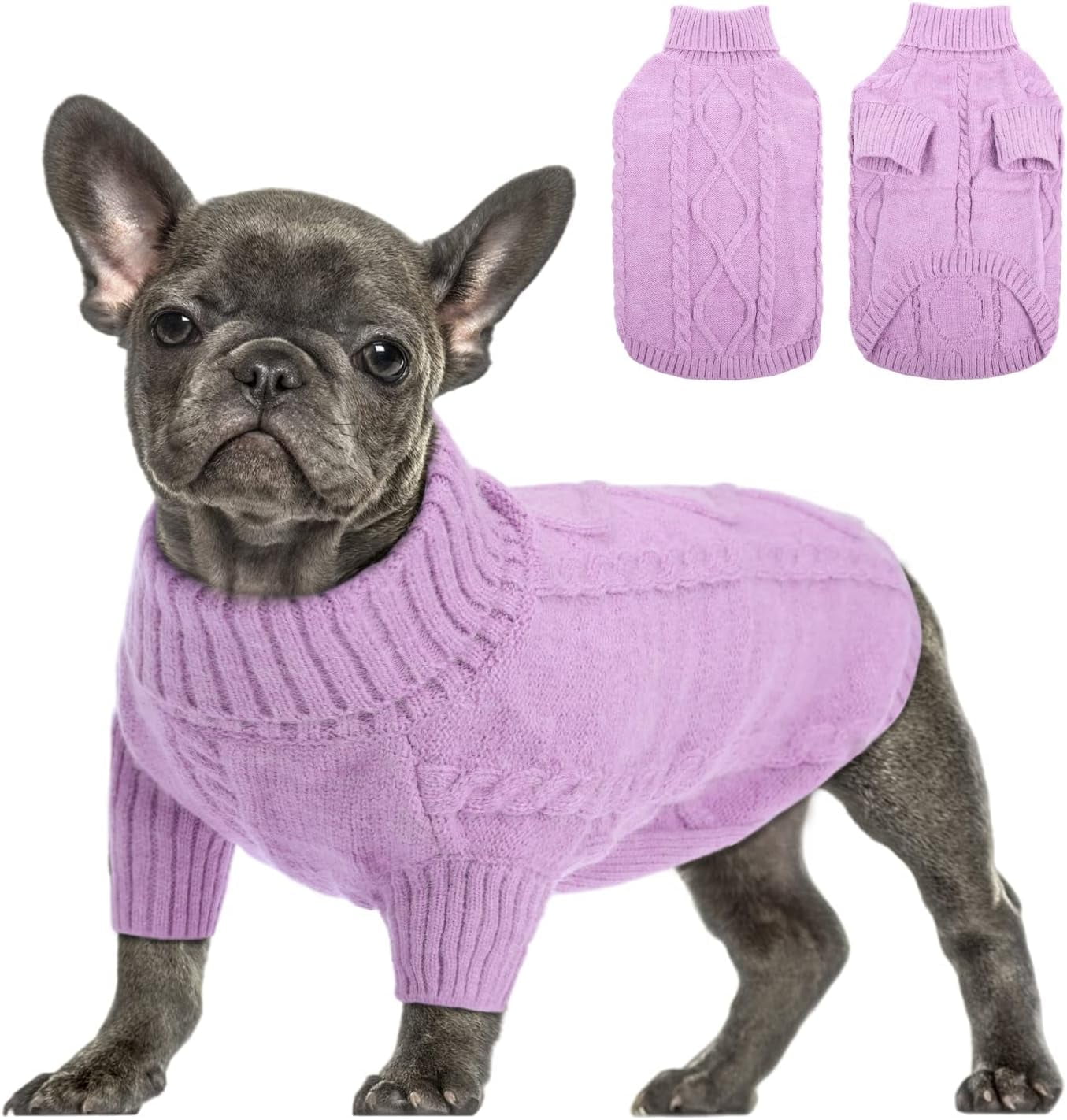 PayUSD Small Dog Pullover Sweater, Cold Weather Cable Knitwear, Classic Turtleneck Thick Warm Clothes for Chihuahua, Bulldog, Dachshund, Pug, Yorkie