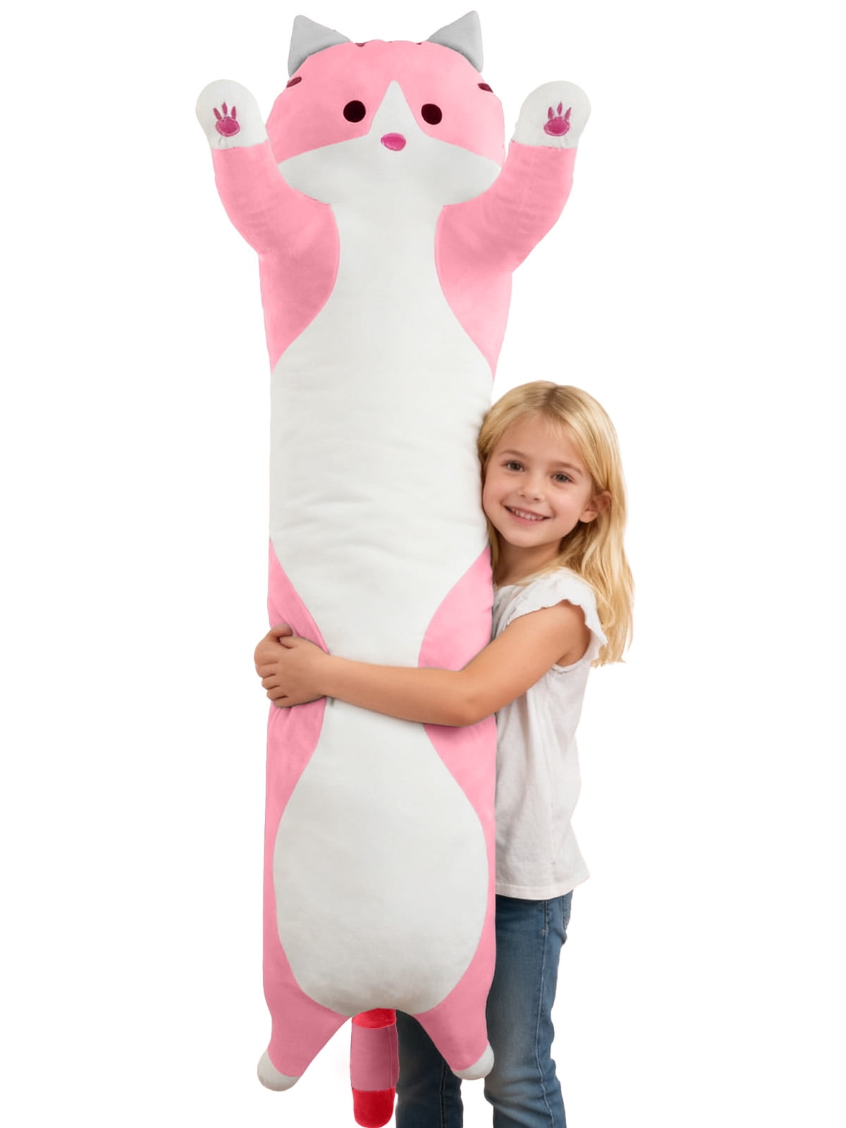 SANMADROLA Stuffed Animals Toys for Girls Boys 3-6 Years Giant Long Kawaii Cat Plush Body Pillow 59'' Kitten Plush Throw Pillow Doll Toy Gift for Girlfriend Pink