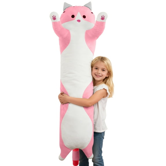 SANMADROLA Stuffed Animals Toys for Girls Boys 3-6 Years Giant Long Kawaii Cat Plush Body Pillow 59'' Kitten Plush Throw Pillow Doll Toy Gift for Girlfriend Pink