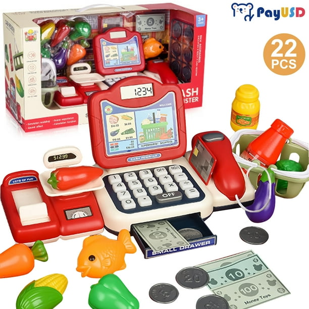 PayUSD Toy Cash Registers for Kids, Pretend Play Toys with Scanner, Play Money, Calculator