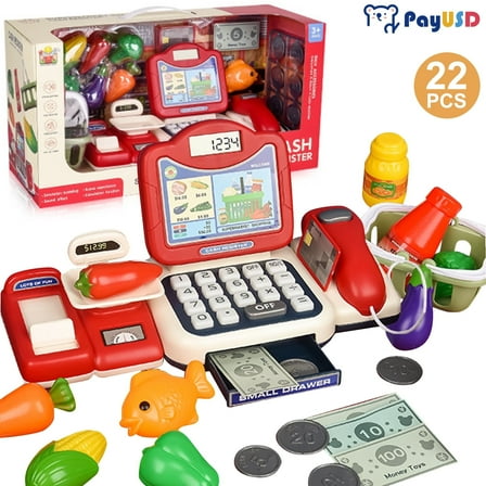PayUSD Toy Cash Registers for Kids, Pretend Play Toys with Scanner, Play Money, Calculator, Credit Card Reader, Great Grocery Pre-School Gift for Boys & Girls, for Children from 3 Years, Red