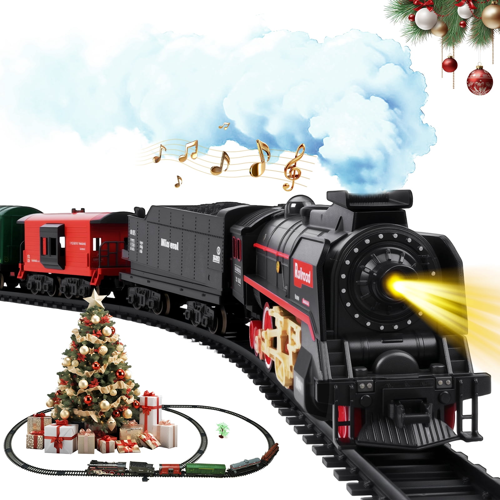 PayUSD Train Set Electric Train Toys Set for Boys Under Christmas Tree with Sounds Light Rechargeable Steam Cargo Cars Tracks for Kids Toy Indoor Toddlers Xmas 
