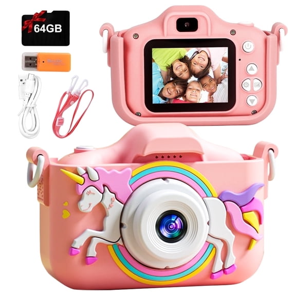 PayUSD Kids Camera for Girls Boys 64GB 1080HD Selfie Digital Cameras Portable Toddler Unicorn Toys Christmas Birthday Gift Age 3-10, Pink