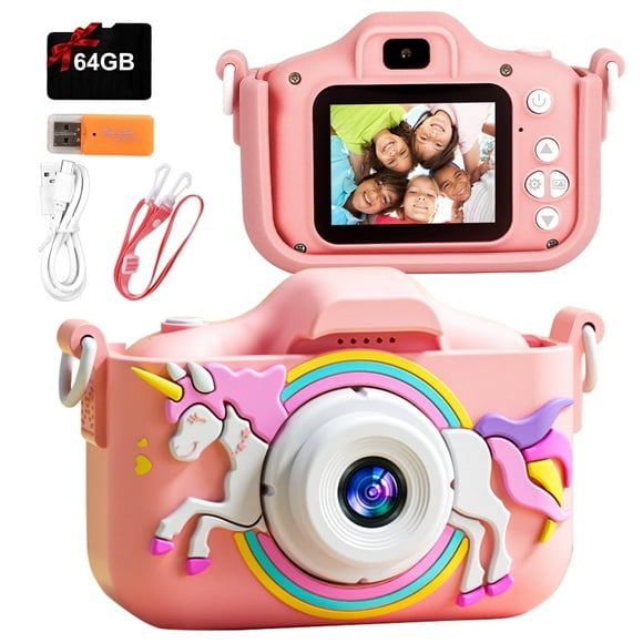 PayUSD Kids Camera for Girls Boys 64GB 1080HD Selfie Digital Cameras Portable Toddler Unicorn Toys Christmas Birthday Gift Age 3-10, Pink