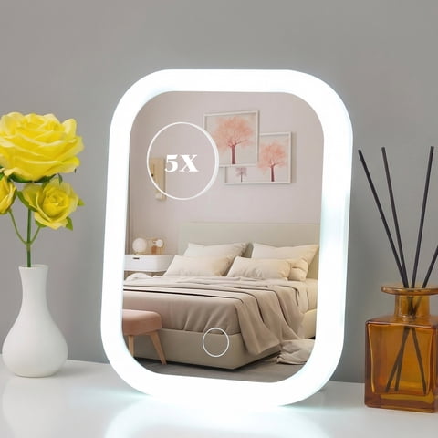 PayUSD Vanity Mirror with Light Travel Makeup Mirror 5X Magnifying Touch Screen Control Rechargeable Lightweight Desk Tabletop LED Folding Cosmetic Handheld Mirror 5.7''x7.3'' Small White