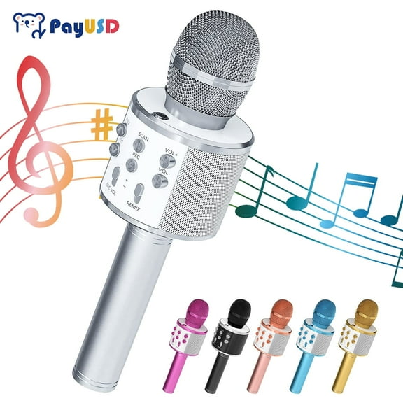 PayUSD Wireless Microphone for Kids Bluetooth Karaoke Microphone for adults 5-in-1 Portable Handheld Mic Speaker Birthday Christmas Gifts Toys for Girls Boys Adults All Age, Silver