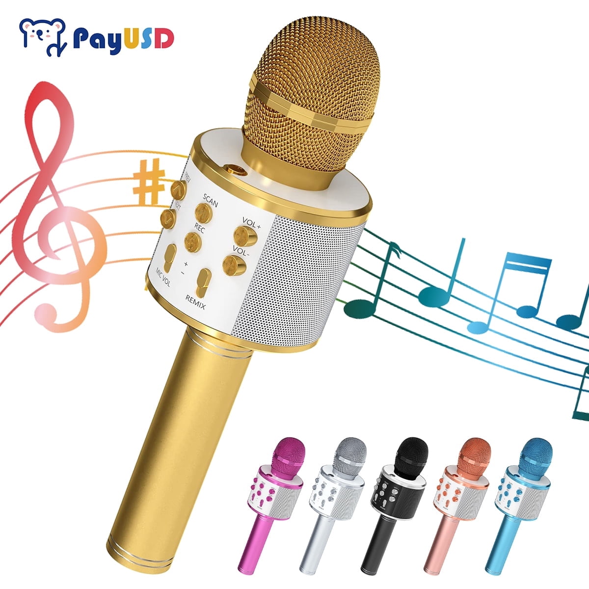 PayUSD Wireless Microphone for Kids Bluetooth Karaoke Microphone for adults 5-in-1 Portable Handheld Mic Speaker Birthday Christmas Gifts Toys for Girls Boys Adults All Age, Golden