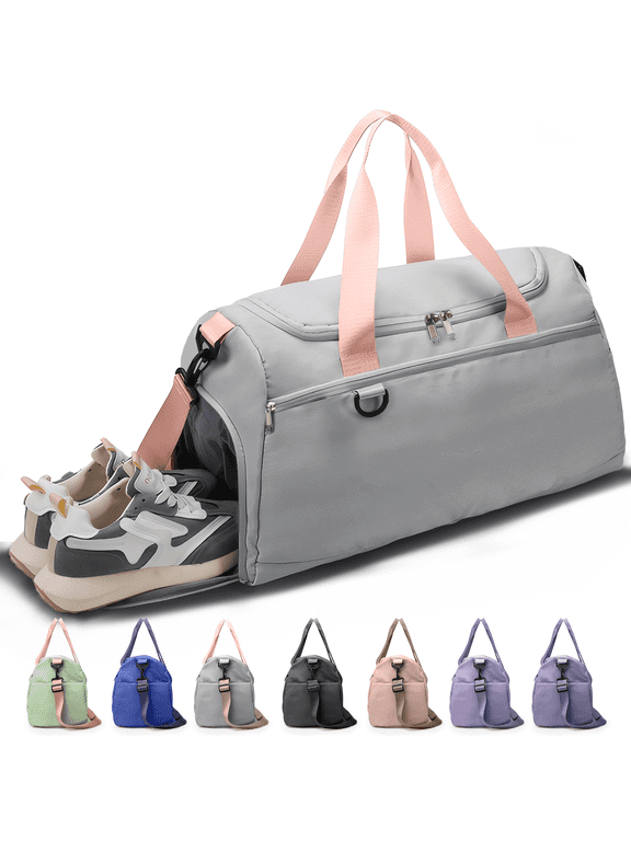 Travel Duffle Bag Gym Bags with Shoe Compartment Wet Pocket Waterproof for Weekender Overnight Gym Sports Traveling Swimming Yoga Workout, Gray