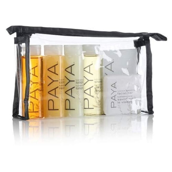 Paya Bottle & Soap Amenity Kit , Clear Vinyl Bag with Black Sewn Trim & Black Zipper