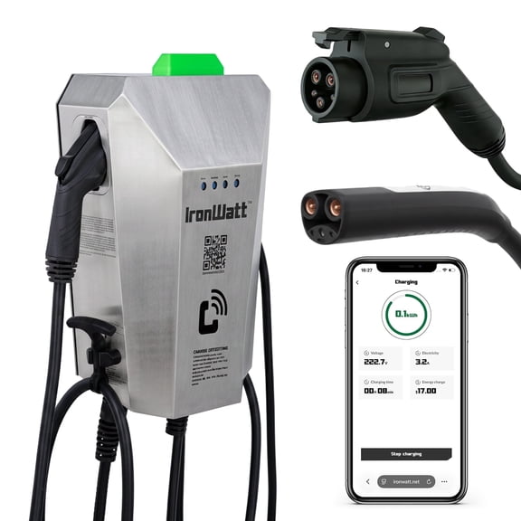 IronWatt Cyber Iron Series, EV Charger Station Home 40A 240V Stainless Steel Enclosure J1772+NACS Hybrid-Port