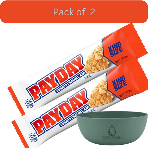 Payday Peanut Caramel King Size Candy Bar 3.4 oz Pack of 2 with bowl by Value Nest