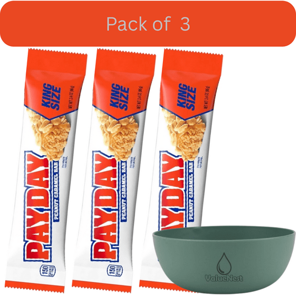Payday Peanut Caramel King Size Candy Bar 3.4 oz Pack of 3 with bowl by Value Nest