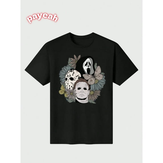 Payeah Scream Halloween Flower T-shirt Casual Digital Print pure heavy cotton Womens T-shirts 100% cotton