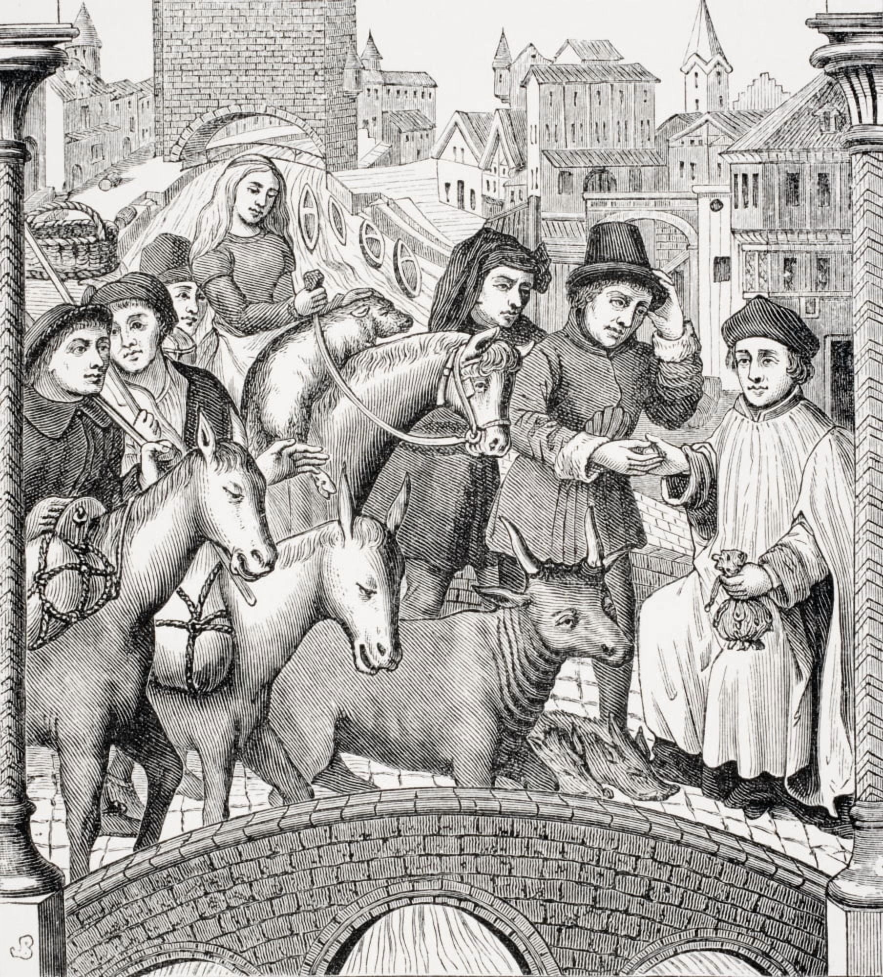 Paying Toll On Passing A Bridge From 15Th Century Painted Window In Tournay Cathedral Canvas Art - Ken Welsh Design Pics (26 x 30)