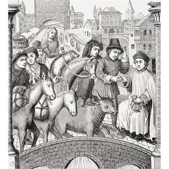 Paying Toll On Passing A Bridge From 15th Century Painted Window in Tournay Cathedral Poster Print, Large - 26 x 30