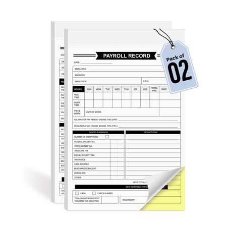 Payroll Record Book, Pack of 2 - 5.5 x 8.5 Carbonless Payroll Forms, 50 Sets Each, 2-Part Duplicate Book for Small Business, Employee Hours & Wage Tracking