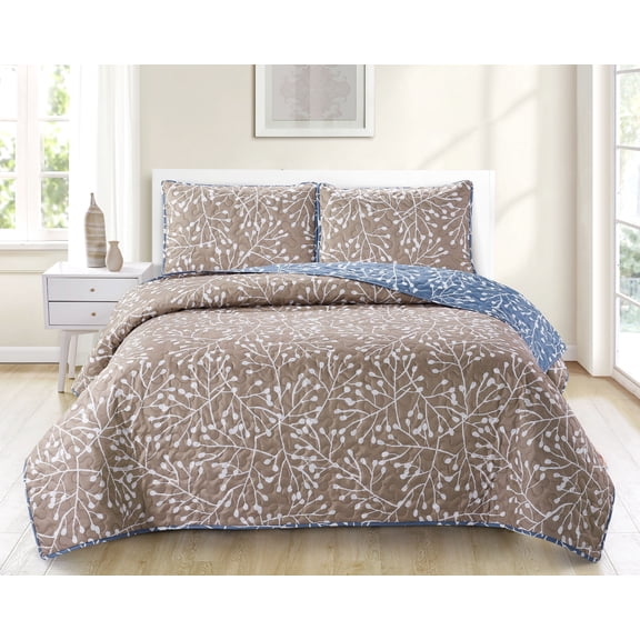 Payson Branches King 3-piece Quilt Set Tan/Blue