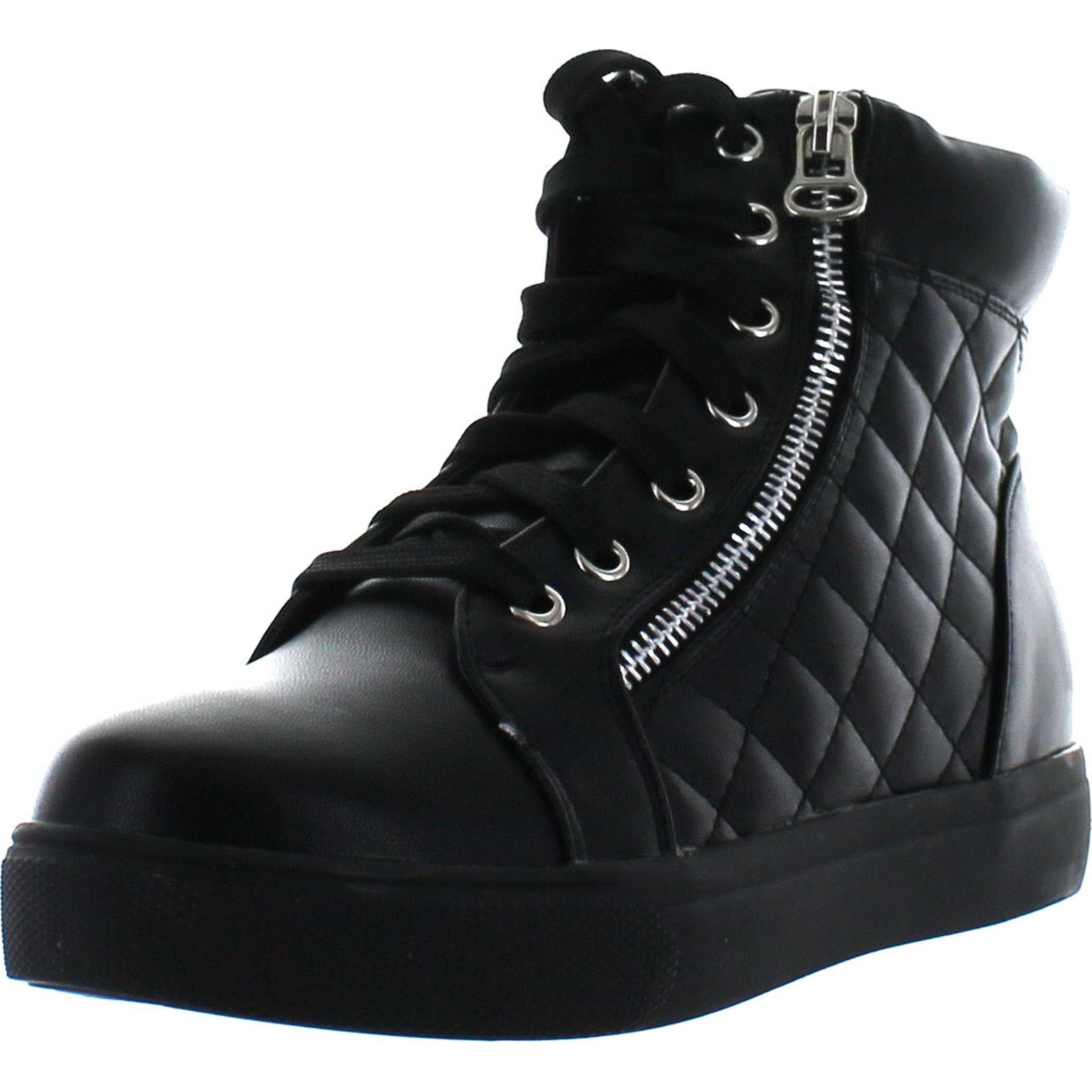 Pazzle Skate01 Womens Quilted Lace Up Ankle High Sneakers, Black Pu, 5