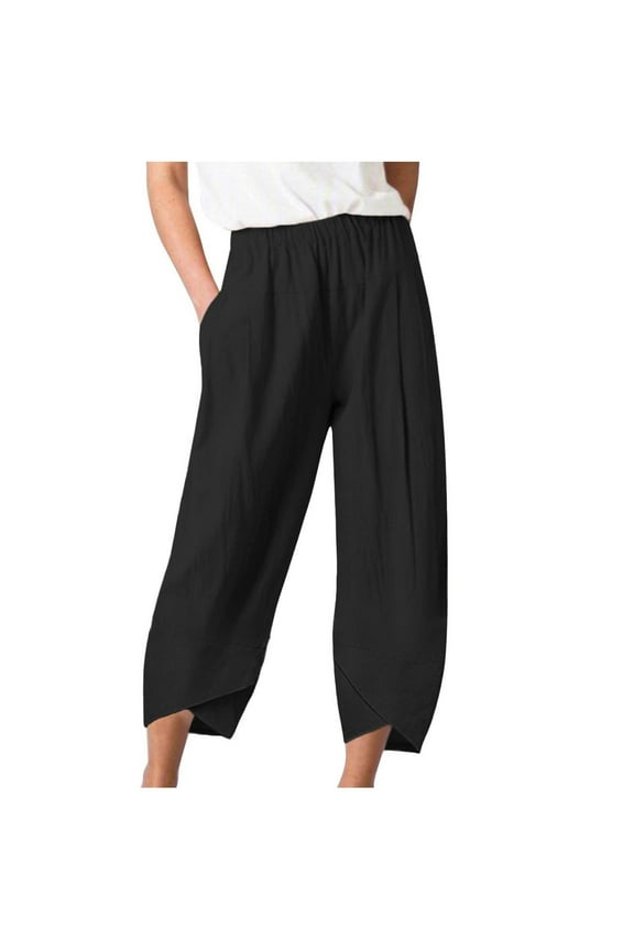 Plus Size Cotton Linen High Elastic Waist Casual Solid Basic Tulip Hem Capri Pants Womens Capris with Pockets